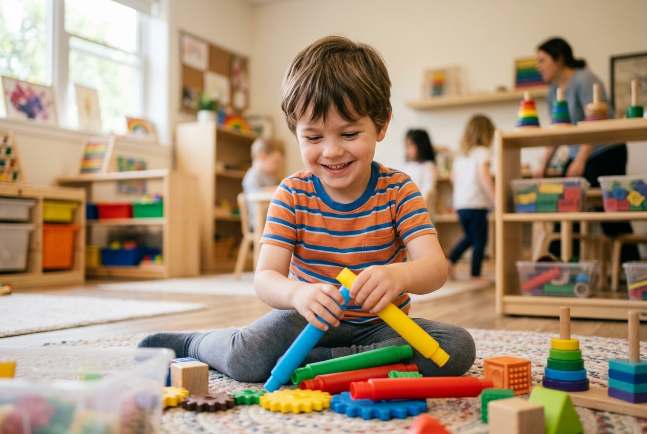 Niño neurodivergente jugando en terapia y estimulación sensorial Punto de Escucha