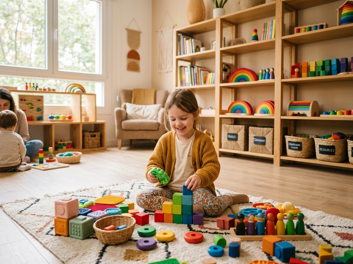Niña neurodivergente jugando en terapia y estimulación sensorial Punto de Escucha