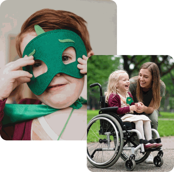 Una niña con discapacidad motriz en silla de ruedas con una maestra joven que la está apoyando